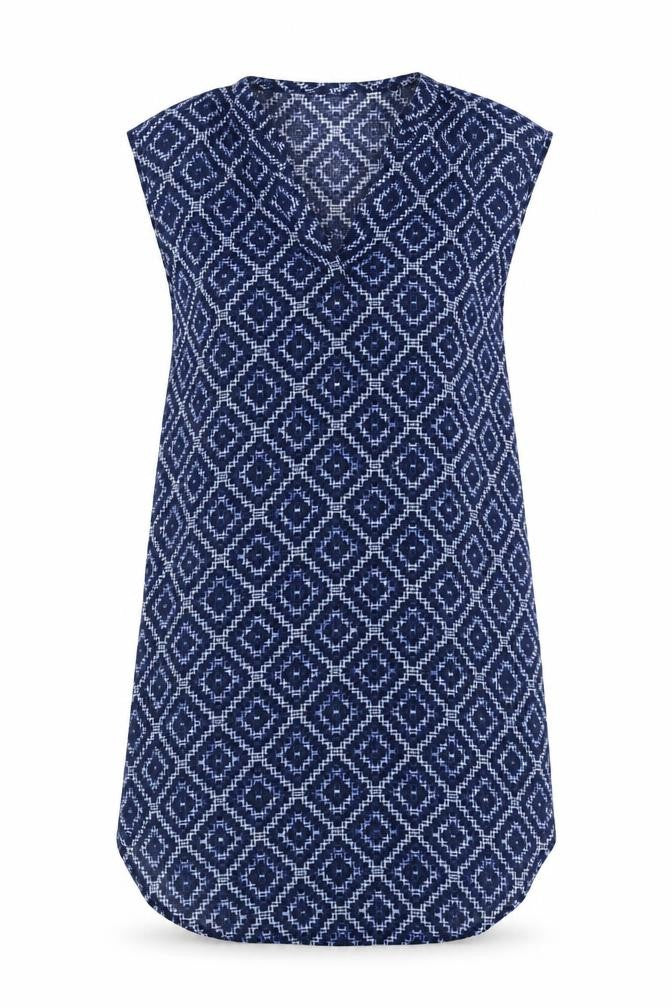 Front view of H&M women’s blue geometric polyester a-line, size UK 8, v-neck pullover
