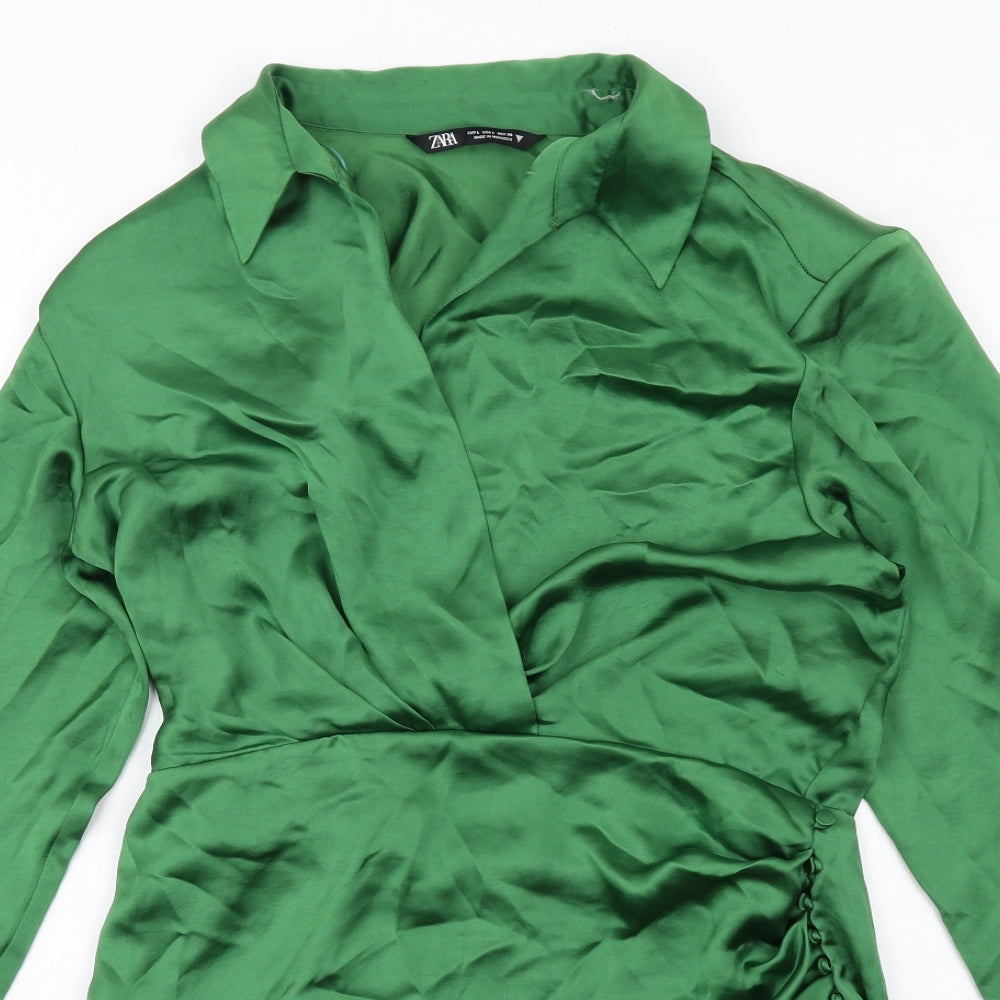 Zara Womens Green Polyester A-Line Size L Collared Zip
