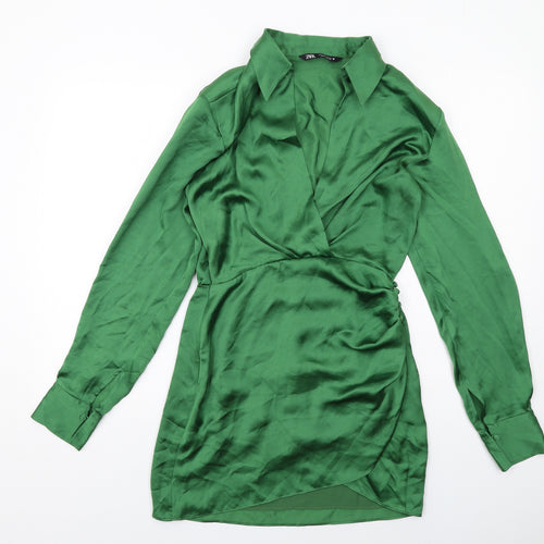 Zara Womens Green Polyester A-Line Size S Collared Zip