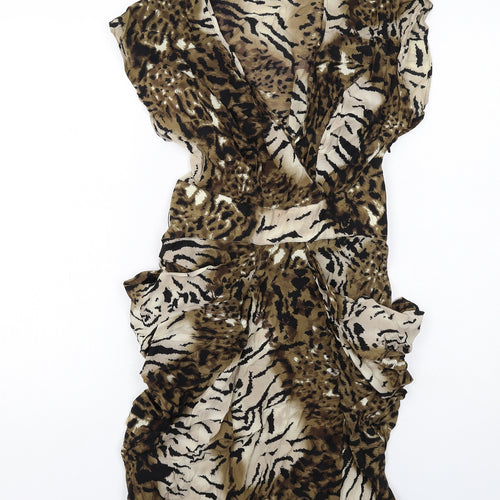 Warehouse Womens Brown Animal Print Silk A-Line Size 10 V-Neck Zip - Leopard Tiger Pattern