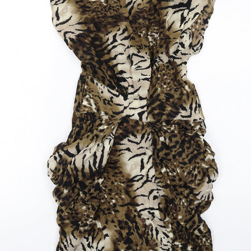 Warehouse Womens Brown Animal Print Silk A-Line Size 10 V-Neck Zip - Leopard Tiger Pattern