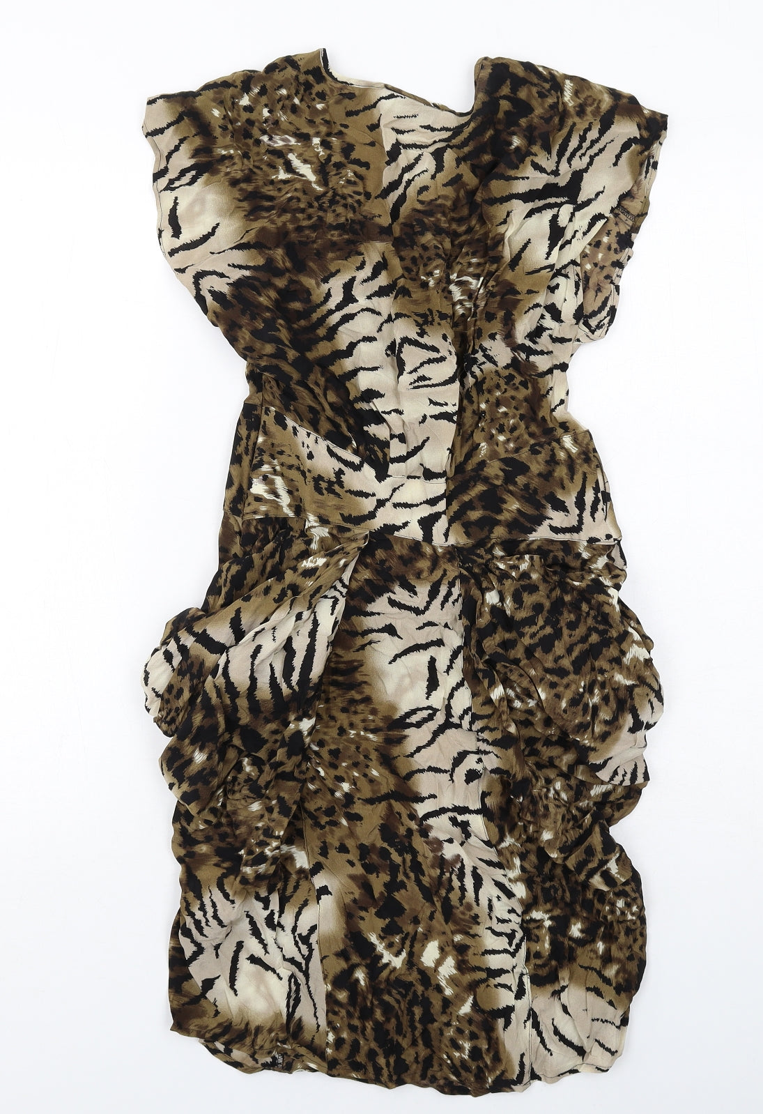 Warehouse Womens Brown Animal Print Silk A-Line Size 10 V-Neck Zip - Leopard Tiger Pattern