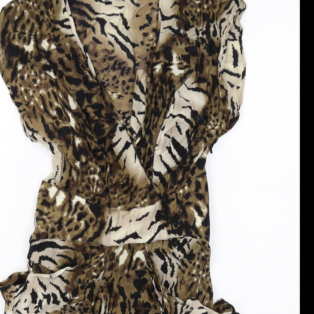 Warehouse Womens Brown Animal Print Silk A-Line Size 10 V-Neck Zip - Leopard Tiger Pattern