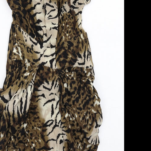 Warehouse Womens Brown Animal Print Silk A-Line Size 10 V-Neck Zip - Leopard Tiger Pattern
