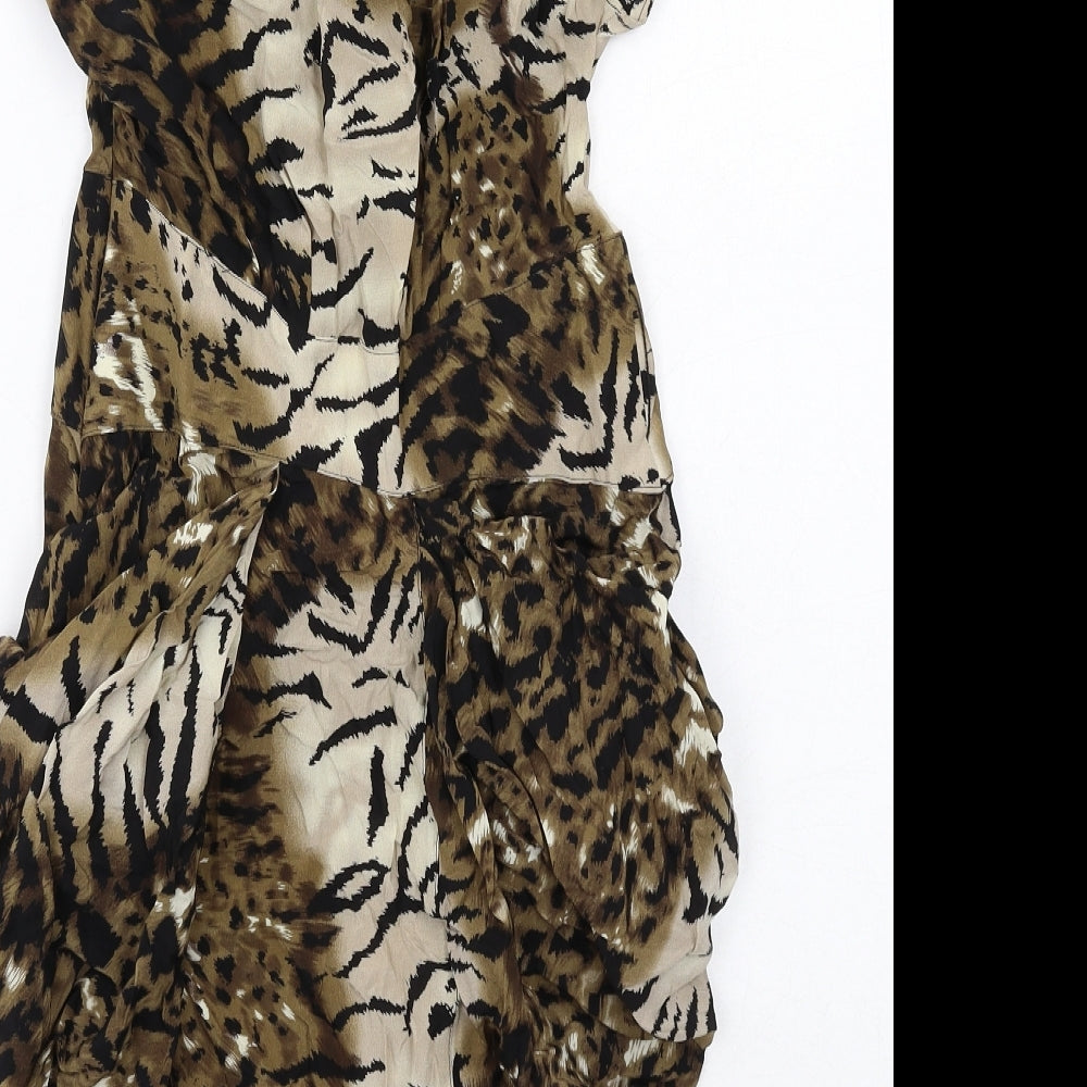 Warehouse Womens Brown Animal Print Silk A-Line Size 10 V-Neck Zip - Leopard Tiger Pattern