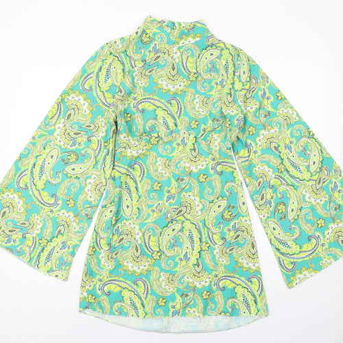 River Island Womens Green Paisley Polyester A-Line Size 10 Mock Neck Button