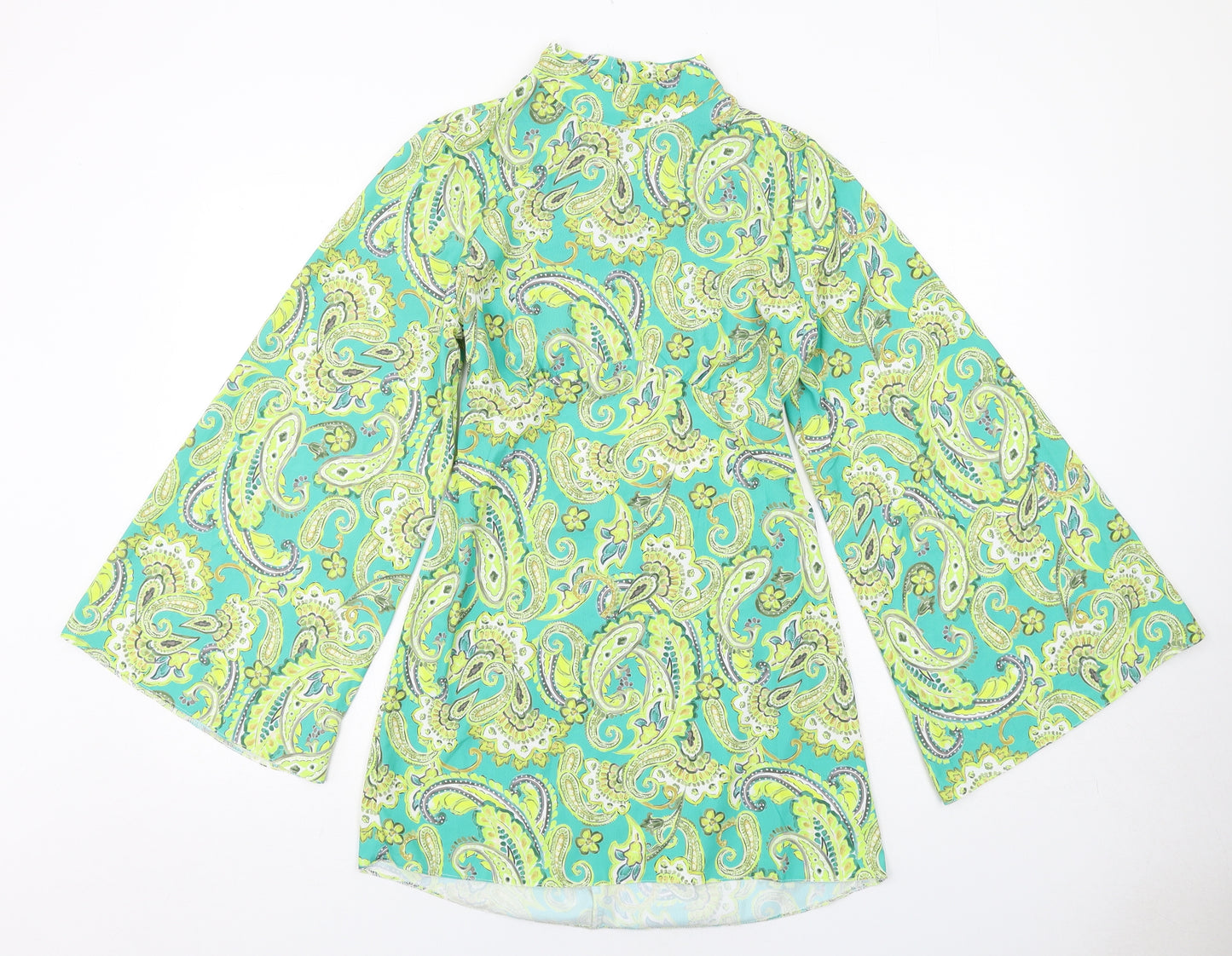 River Island Womens Green Paisley Polyester A-Line Size 10 Mock Neck Button