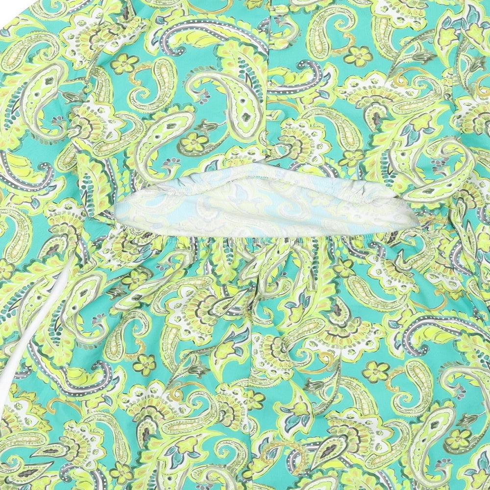 River Island Womens Green Paisley Polyester A-Line Size 10 Mock Neck Button