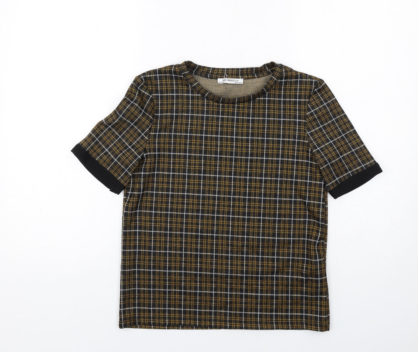 Zara Womens Black Plaid Polyester Basic Blouse Size S Boat Neck