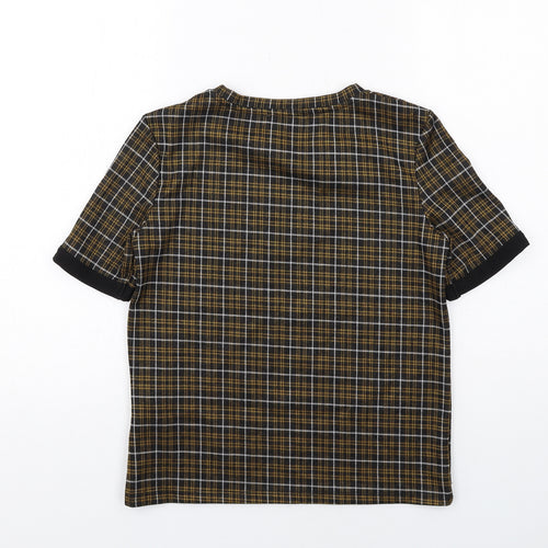 Zara Womens Black Plaid Polyester Basic Blouse Size S Boat Neck