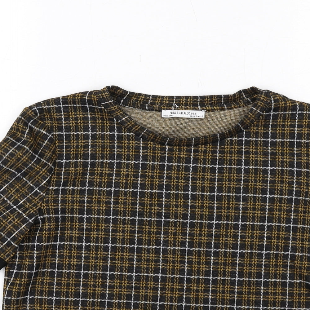 Zara Womens Black Plaid Polyester Basic Blouse Size S Boat Neck