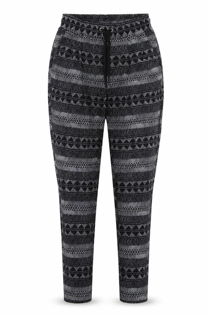 Front view of H&M women’s black geometric polyester jogger trousers, size S, regular drawstring