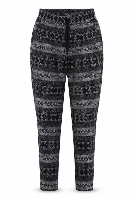 Front view of H&M women’s black geometric polyester jogger trousers, size S, regular drawstring