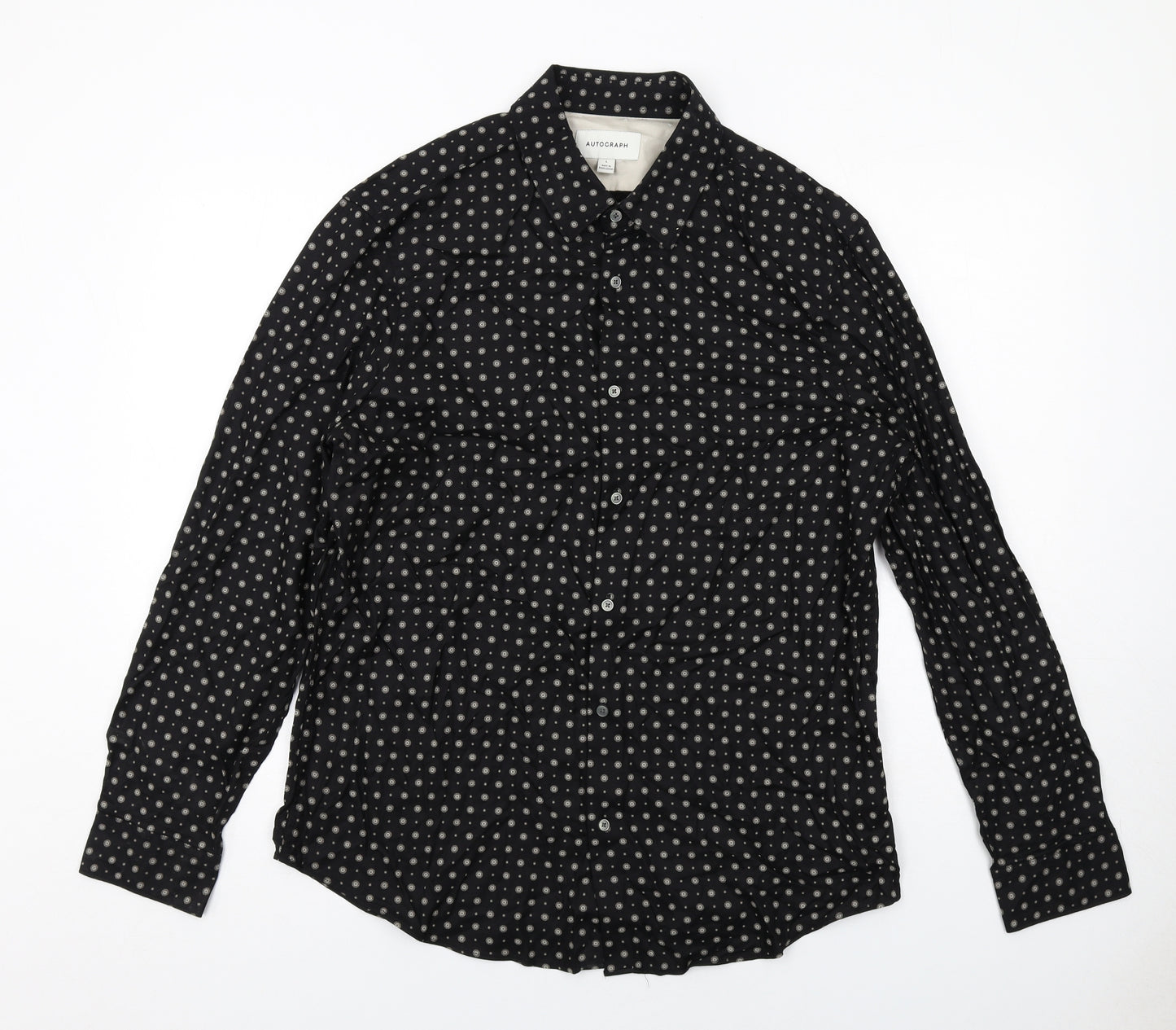 Autograph Mens Black Geometric Viscose Button-Up Size L Collared Button