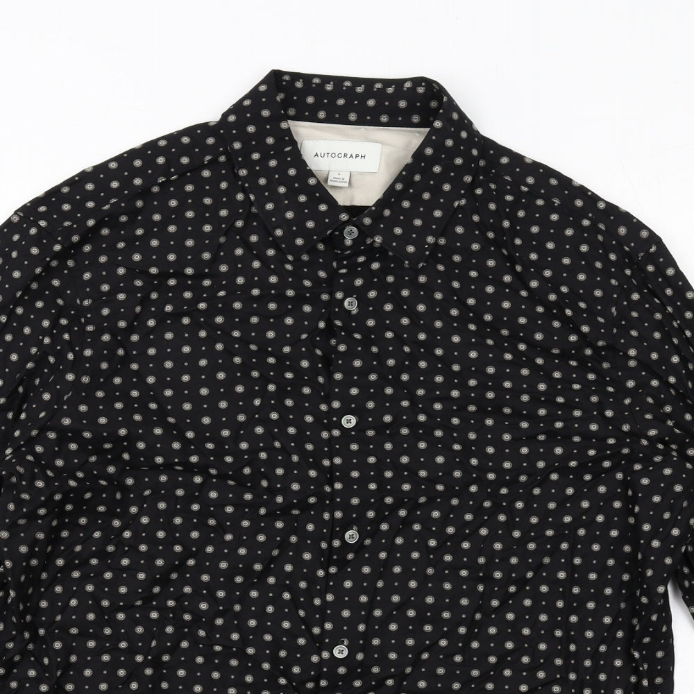 Autograph Mens Black Geometric Viscose Button-Up Size L Collared Button