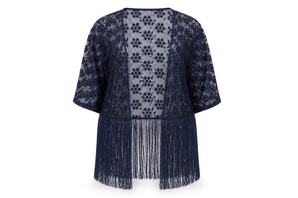 Front view of H&M women’s blue polyamide kimono blouse, size S, v-neck