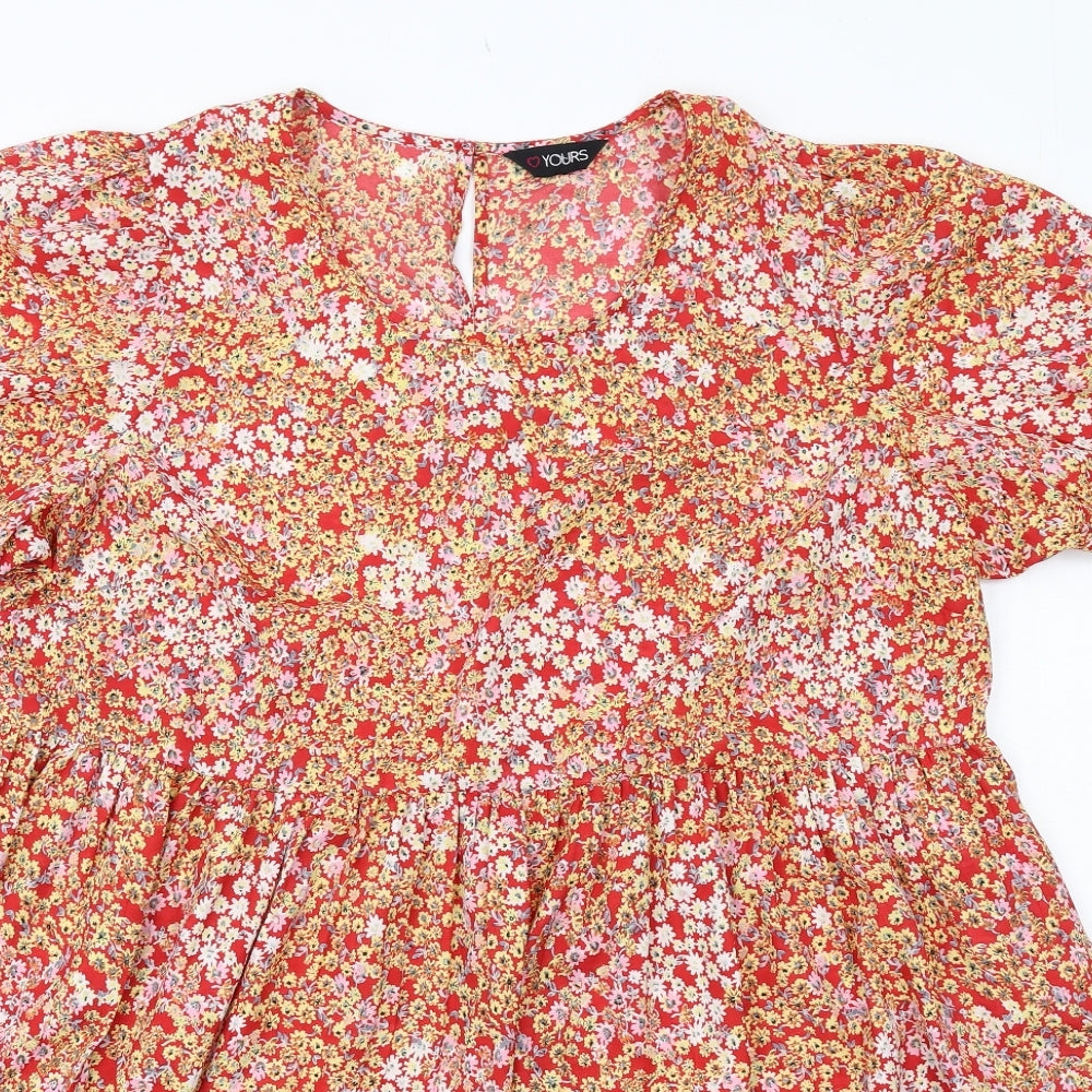 Yours Womens Red Floral Polyester A-Line Size 20 Round Neck Button