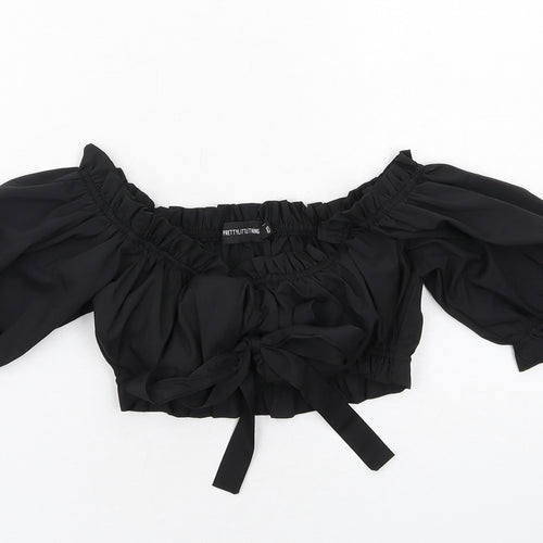 PRETTYLITTLETHING Womens Black Polyester Cropped Blouse Size 10 Off the Shoulder - Tie Front Detail