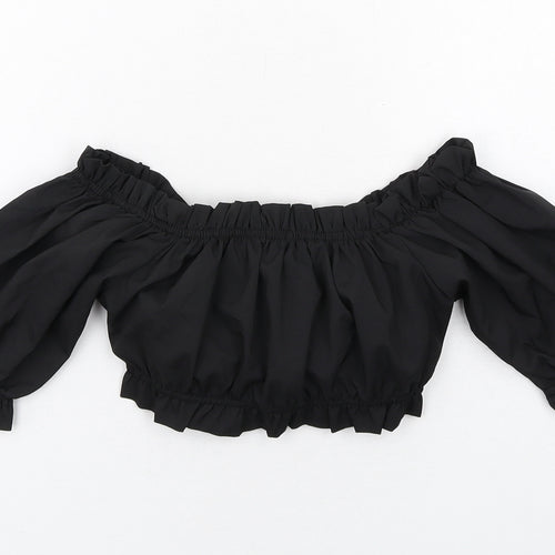 PRETTYLITTLETHING Womens Black Polyester Cropped Blouse Size 10 Off the Shoulder - Tie Front Detail