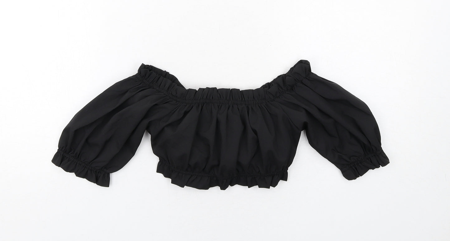 PRETTYLITTLETHING Womens Black Polyester Cropped Blouse Size 10 Off the Shoulder - Tie Front Detail