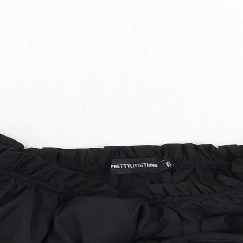 PRETTYLITTLETHING Womens Black Polyester Cropped Blouse Size 10 Off the Shoulder - Tie Front Detail