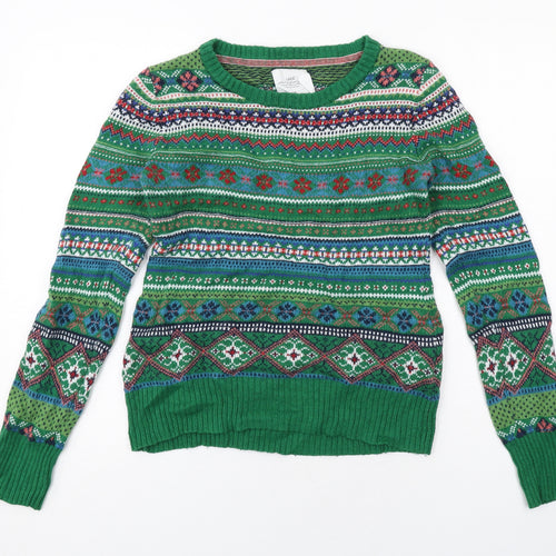 H&M Womens Green Round Neck Fair Isle Cotton Pullover Jumper Size M