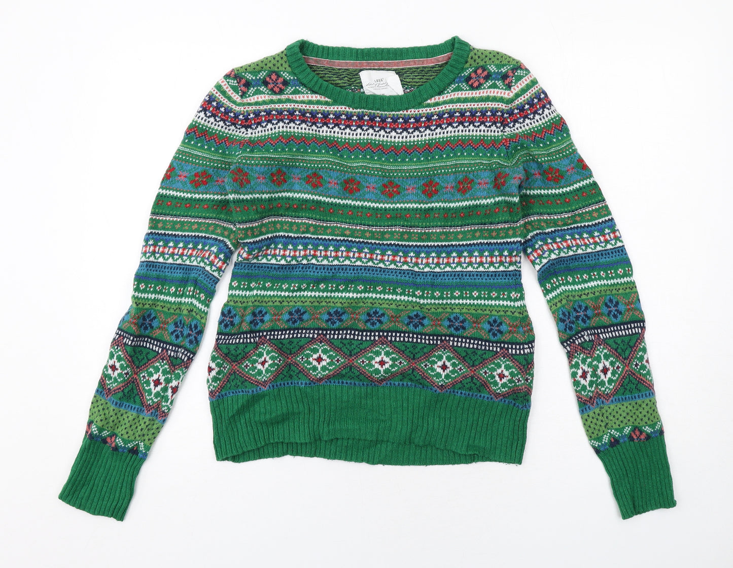 H&M Womens Green Round Neck Fair Isle Cotton Pullover Jumper Size M