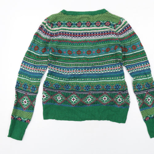 H&M Womens Green Round Neck Fair Isle Cotton Pullover Jumper Size M