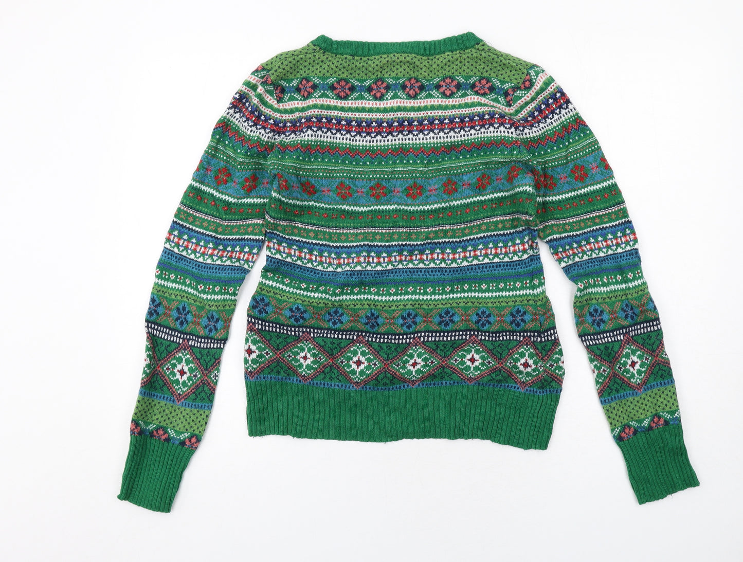 H&M Womens Green Round Neck Fair Isle Cotton Pullover Jumper Size M