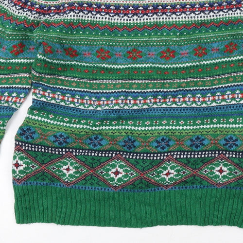 H&M Womens Green Round Neck Fair Isle Cotton Pullover Jumper Size M
