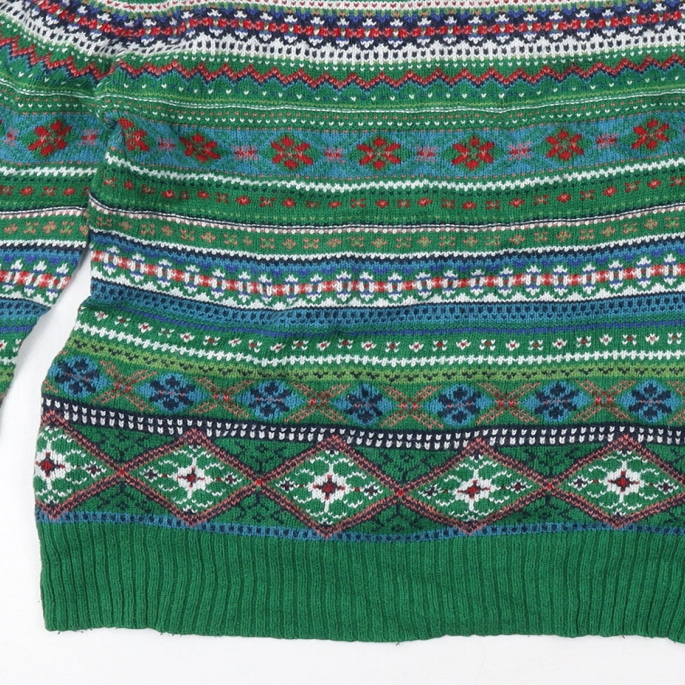 H&M Womens Green Round Neck Fair Isle Cotton Pullover Jumper Size M