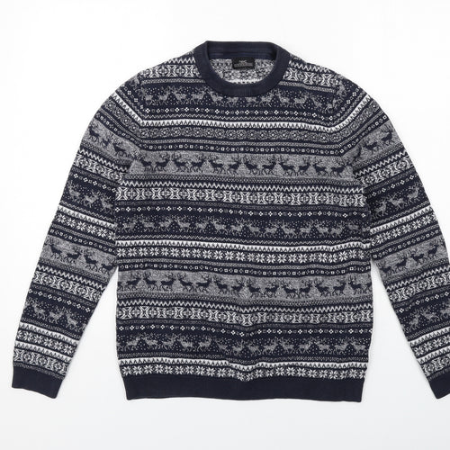 NEXT Mens Blue Crew Neck Fair Isle Cotton Pullover Jumper Size M Long Sleeve