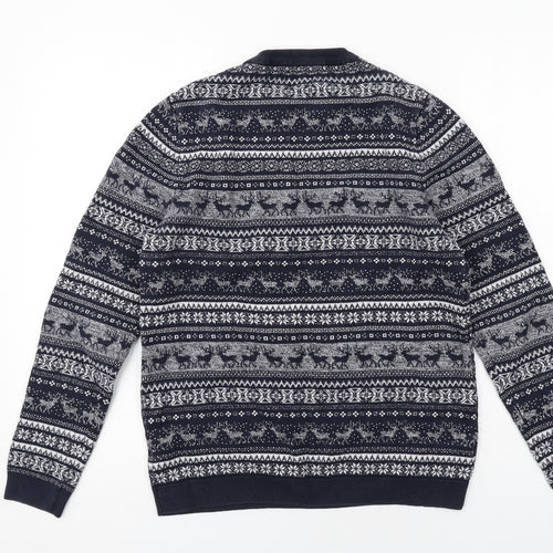 NEXT Mens Blue Crew Neck Fair Isle Cotton Pullover Jumper Size M Long Sleeve