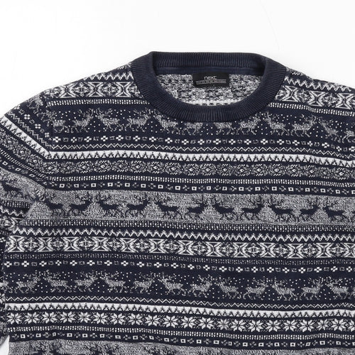 NEXT Mens Blue Crew Neck Fair Isle Cotton Pullover Jumper Size M Long Sleeve