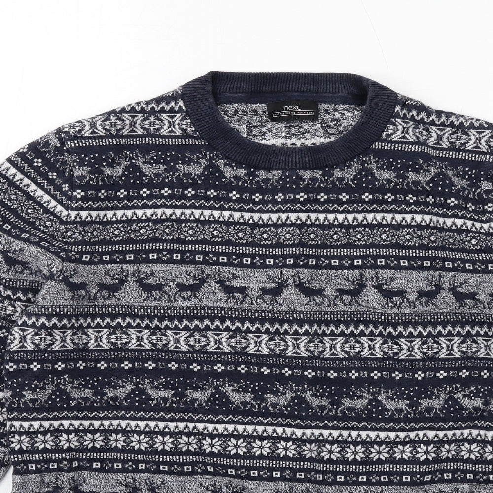 NEXT Mens Blue Crew Neck Fair Isle Cotton Pullover Jumper Size M Long Sleeve