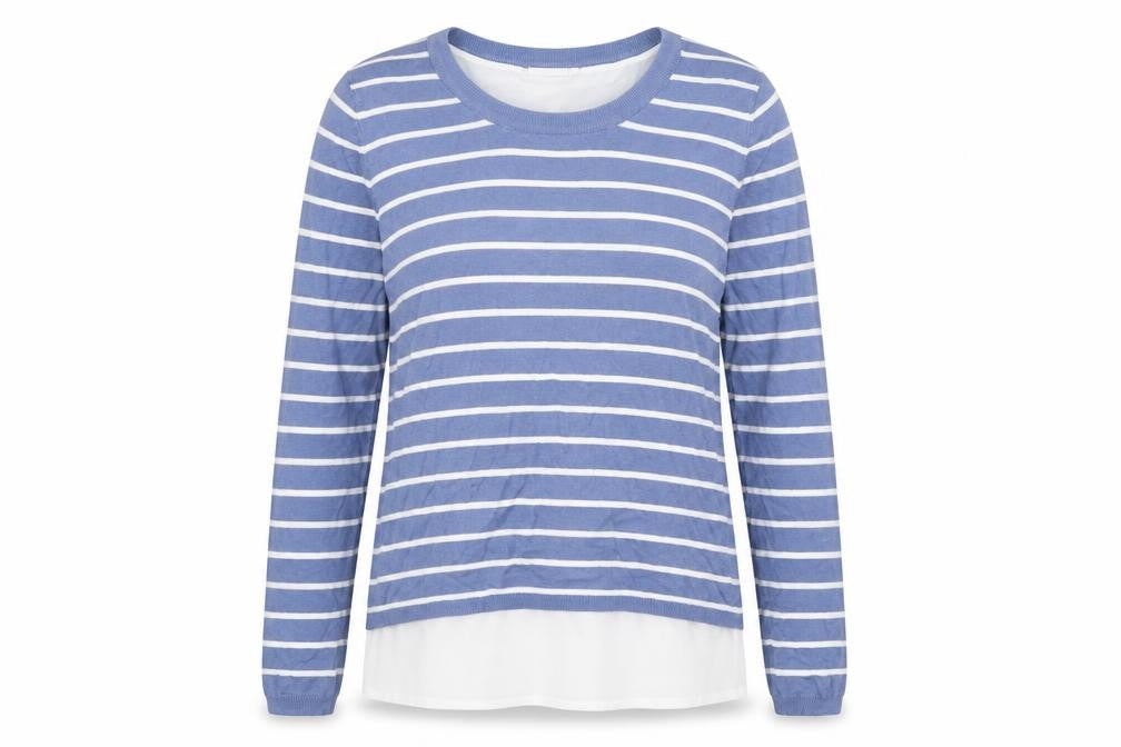 Front view of Fransa women’s blue round neck striped viscose jumper, size XS