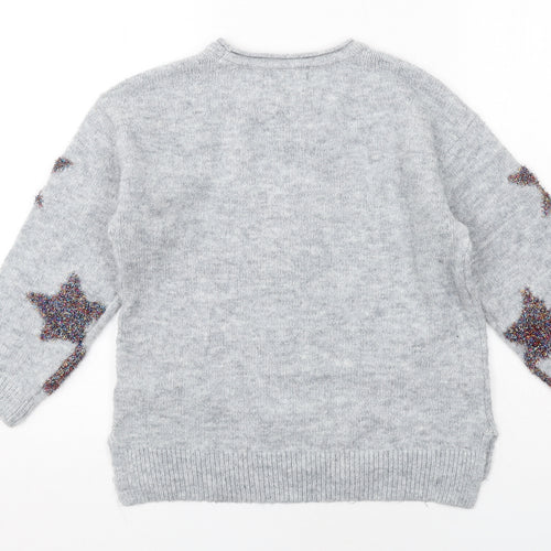 Marks and Spencer Girls Grey Crew Neck Geometric Acrylic Pullover Jumper Size 9-10 Years Pullover - Stars