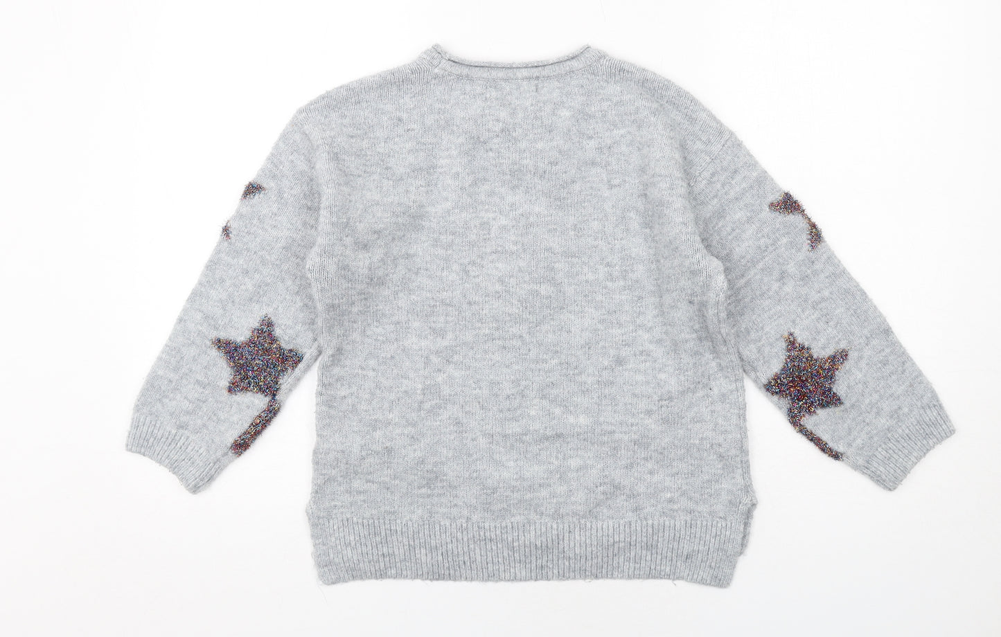 Marks and Spencer Girls Grey Crew Neck Geometric Acrylic Pullover Jumper Size 9-10 Years Pullover - Stars