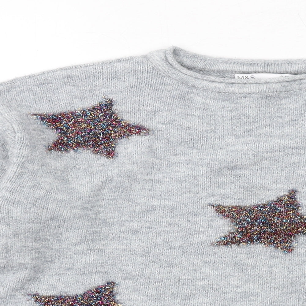 Marks and Spencer Girls Grey Crew Neck Geometric Acrylic Pullover Jumper Size 9-10 Years Pullover - Stars