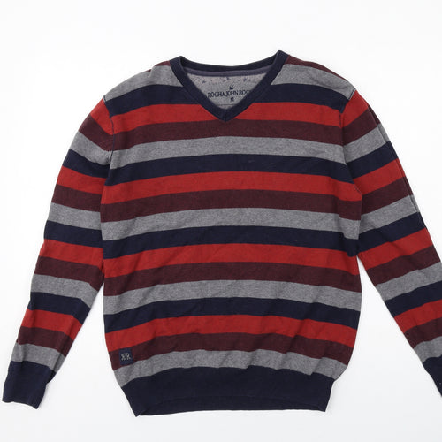 RJR.John Rocha Mens Multicoloured V-Neck Striped Cotton Pullover Jumper Size M Long Sleeve