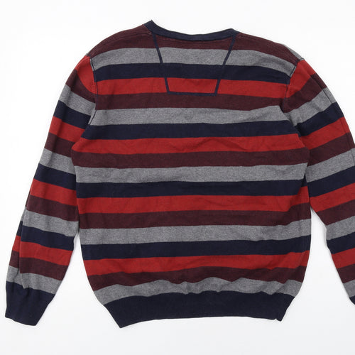 RJR.John Rocha Mens Multicoloured V-Neck Striped Cotton Pullover Jumper Size M Long Sleeve