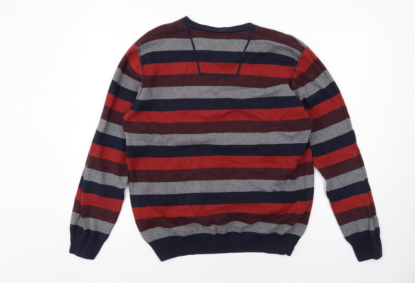 RJR.John Rocha Mens Multicoloured V-Neck Striped Cotton Pullover Jumper Size M Long Sleeve