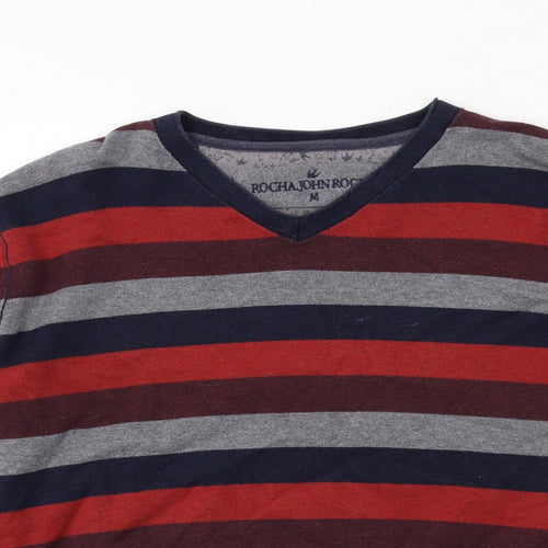 RJR.John Rocha Mens Multicoloured V-Neck Striped Cotton Pullover Jumper Size M Long Sleeve