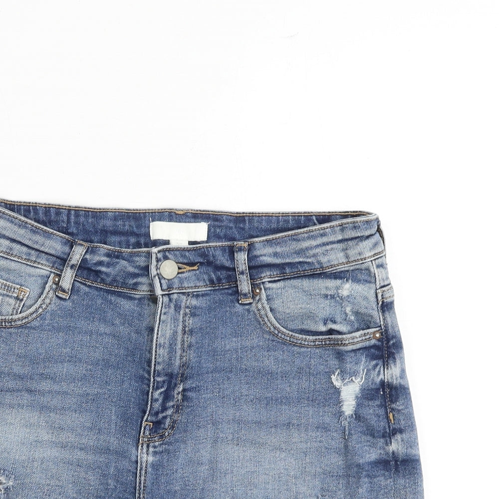 H&M Womens Blue Cotton Hot Pants Shorts Size 10 Regular Zip - Distressed
