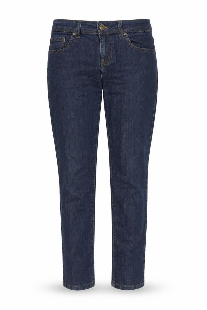 Front view of Yes Yes women’s blue cotton tapered jeans, size UK 10, regular zip