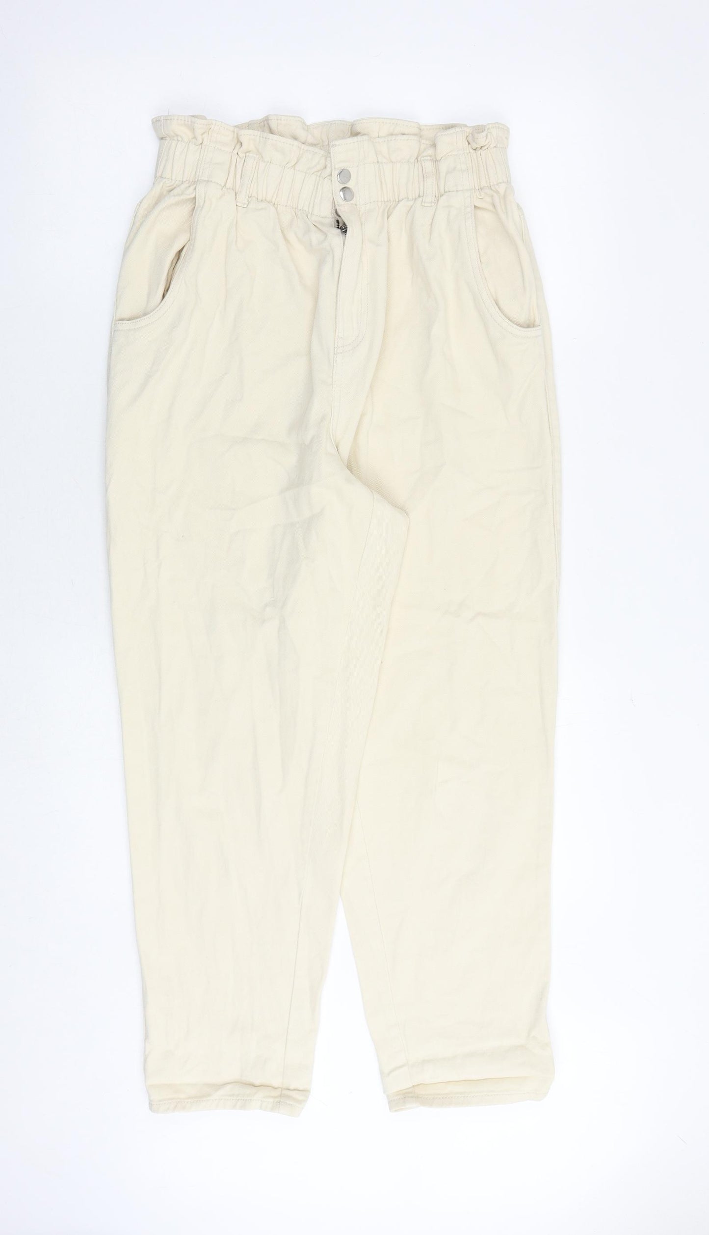 H&M Womens Yellow Cotton Tapered Jeans Size 14 Regular Zip - Paperbag Waist