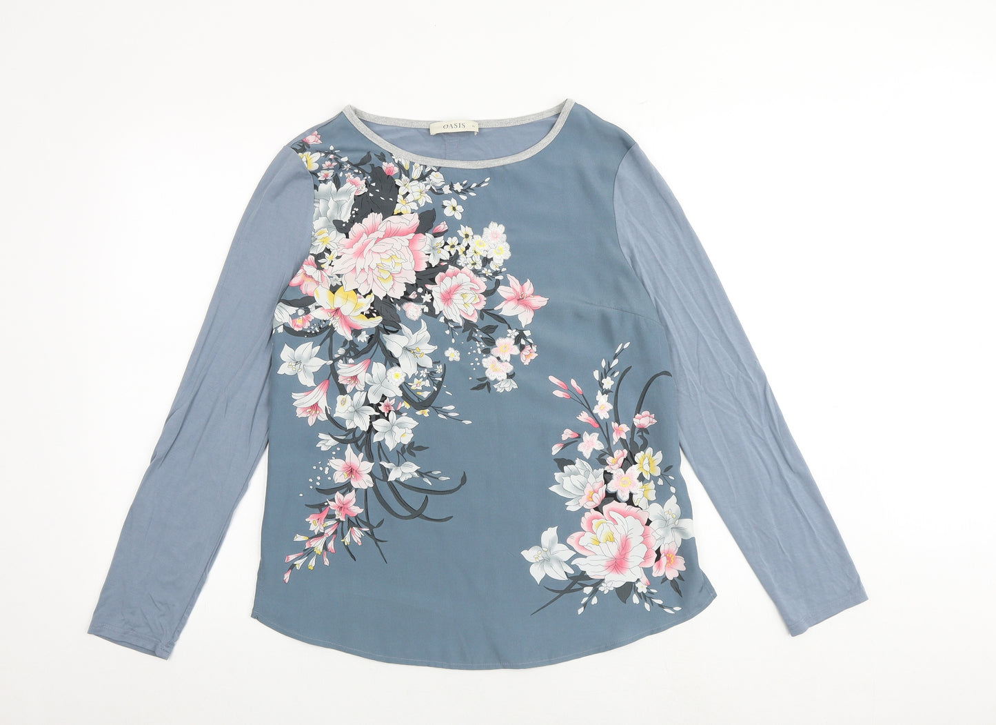 Oasis Womens Grey Floral Viscose Basic Blouse Size M Boat Neck