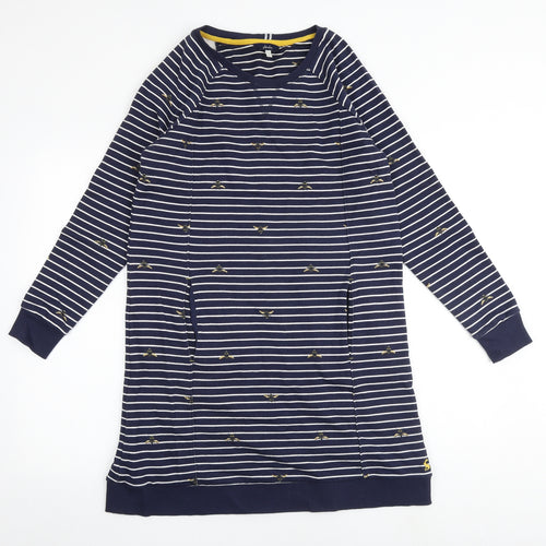 Joules Womens Blue Striped 100% Cotton Jumper Dress Size 12 Round Neck Pullover - Bumble bee pattern