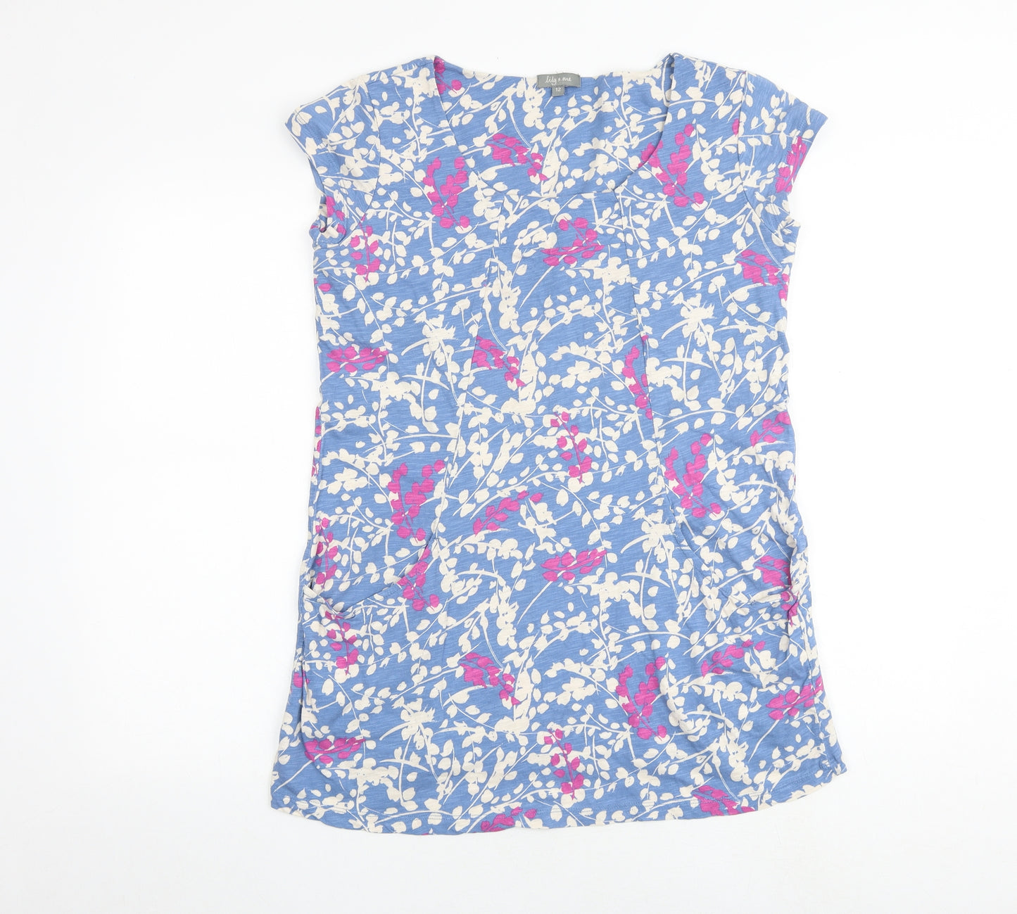 Lily & Me Womens Blue Geometric 100% Cotton Basic T-Shirt Size 12 Boat Neck