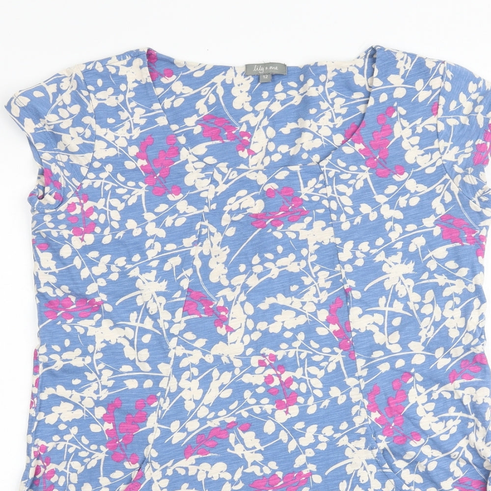 Lily & Me Womens Blue Geometric 100% Cotton Basic T-Shirt Size 12 Boat Neck